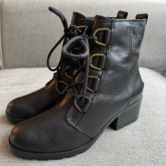 SOREL Cate Lace Women's Black Leather Waterproof D-ring Rain Booties Sz 8.5 - Picture 2 of 11